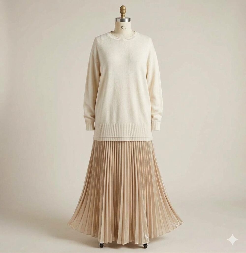 Anthropologie Cream Knit Metallic Pleated Maxi Dress Sz XL Cozy Glam Minimalist